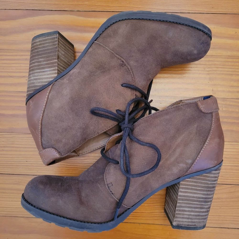 Tommy Hilfiger 8M Brown‎ Leather Chunky Heels Lace Up Booties TW DUFF